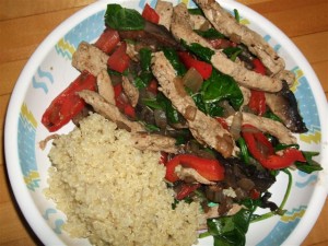 2008-1125-tjs-chix-strips-spinach-peppers-quinoa TJs Chicken Strips Spinach Peppers and Quinoa