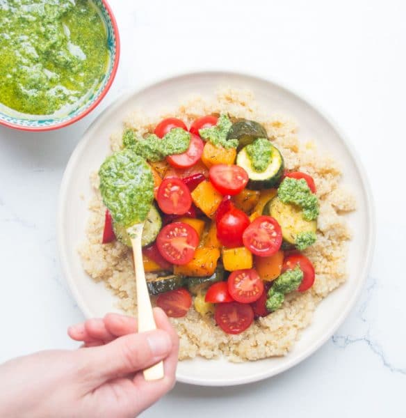 Easy Roasted Veggies with Quinoa & Pesto Vegan Bits