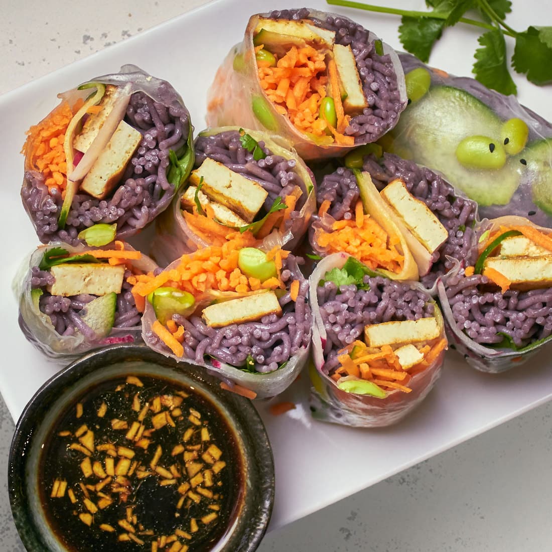 Rice Paper Rolls With Purple Noodles And Tofu Vegan Bits